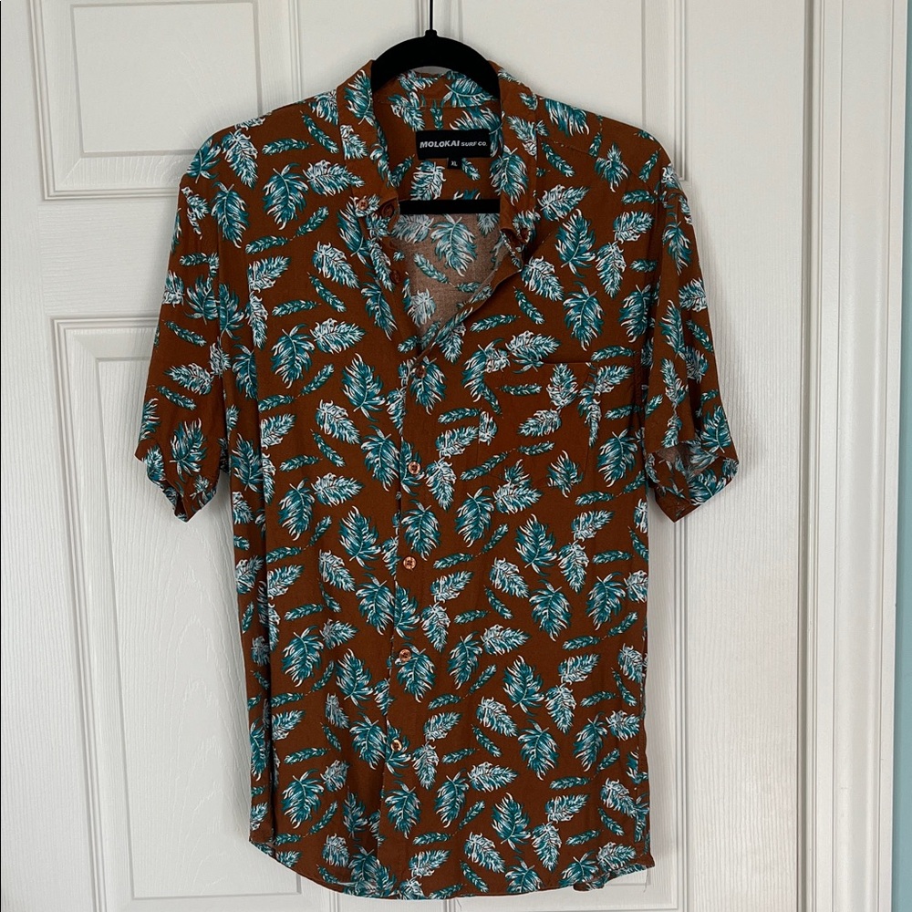 Brown and Blue Leaf Pattern Men's Casual Shirt